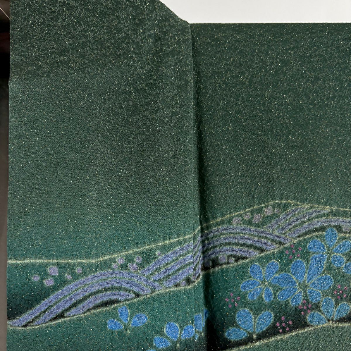 【美品】訪問服 身長157.5cm 袖長63cm S 雙層 滝泰 鈴乃屋 落款あり 松樹梅花 波 金通し 絞染 綠 純蠶絲 逸品級