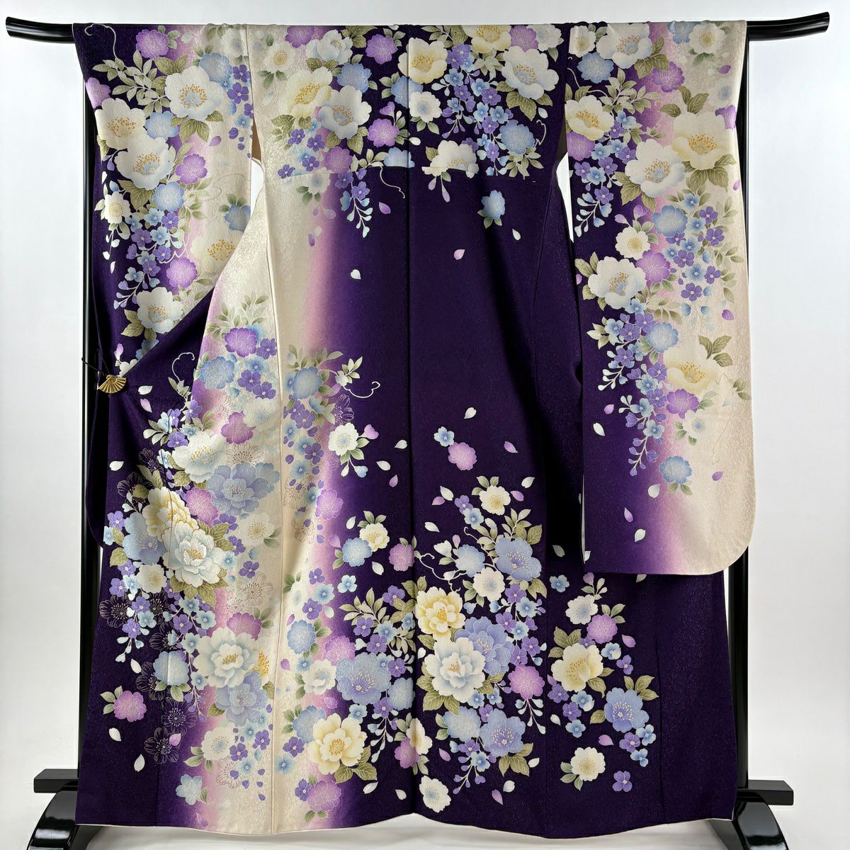 振袖禮服 身長164cm 袖長68.5cm L 雙層 草花紋紋 花瓣 銀通 金金箔 紫 純蠶絲 逸品級