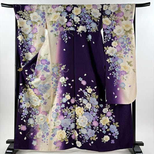 振袖禮服 身長164cm 袖長68.5cm L 雙層 草花紋紋 花瓣 銀通 金金箔 紫 純蠶絲 逸品級