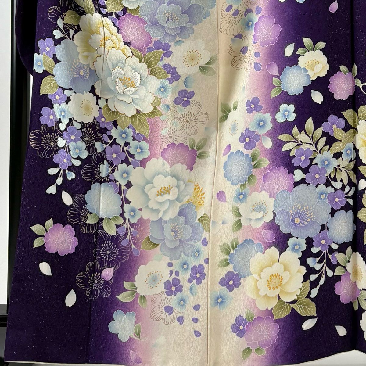 振袖禮服 身長164cm 袖長68.5cm L 雙層 草花紋紋 花瓣 銀通 金金箔 紫 純蠶絲 逸品級