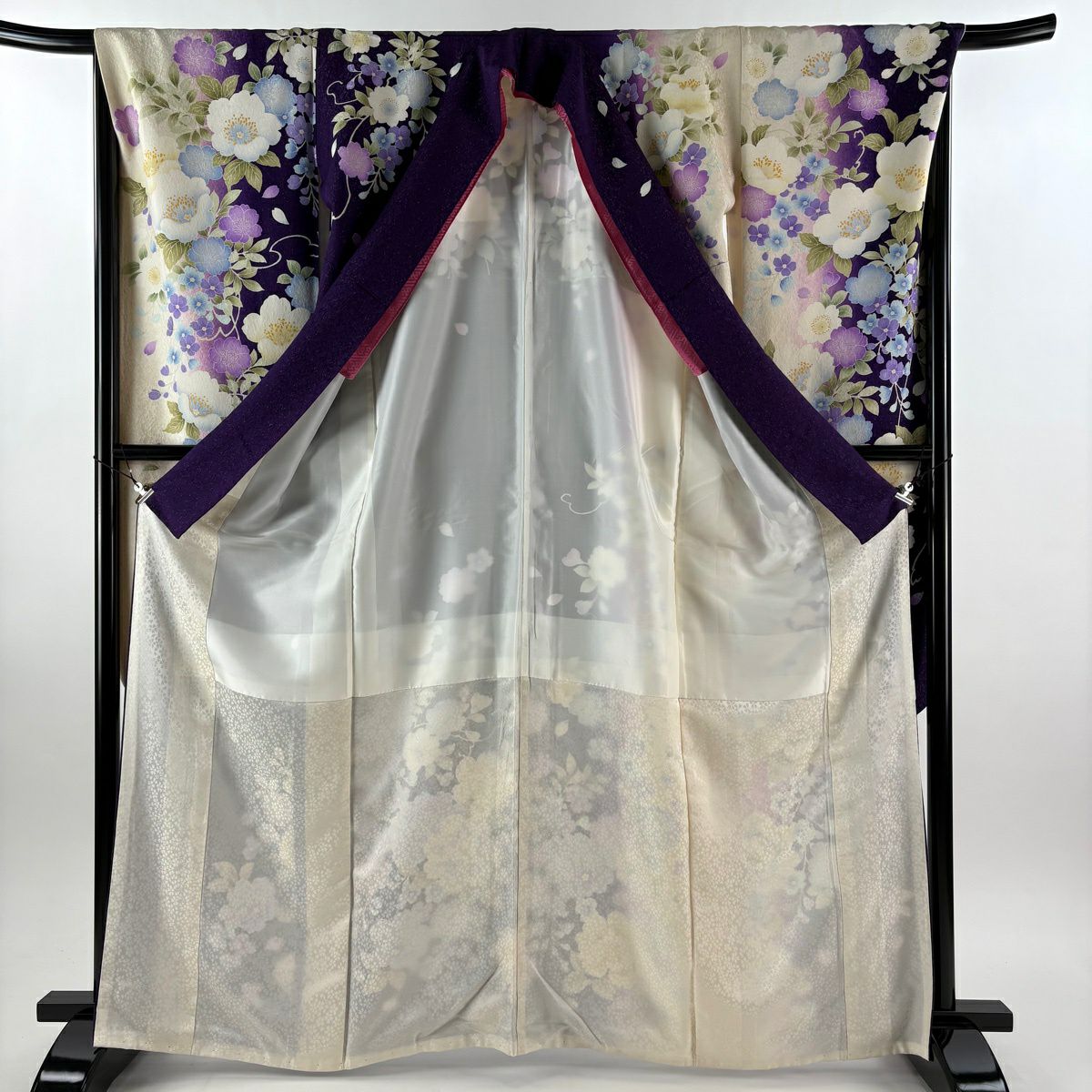 振袖禮服 身長164cm 袖長68.5cm L 雙層 草花紋紋 花瓣 銀通 金金箔 紫 純蠶絲 逸品級
