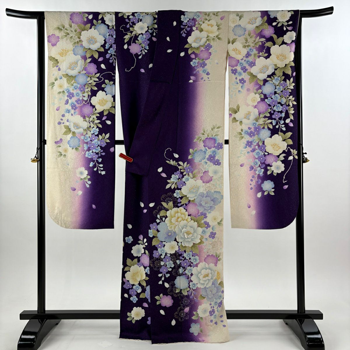 振袖禮服 身長164cm 袖長68.5cm L 雙層 草花紋紋 花瓣 銀通 金金箔 紫 純蠶絲 逸品級