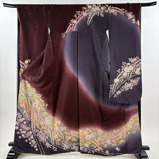 【美品】振袖禮服 身長166cm 袖長67.5cm L 雙層 德永憲峯 落款あり 辻花染 金通し 金銀彩 茶紫 純蠶絲 逸品級
