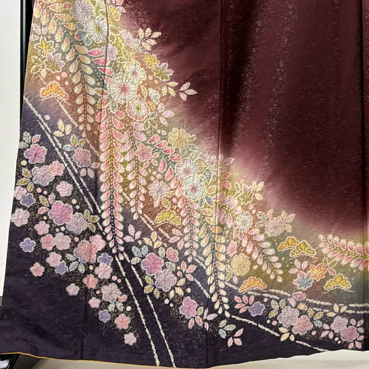 【美品】振袖禮服 身長166cm 袖長67.5cm L 雙層 德永憲峯 落款あり 辻花染 金通し 金銀彩 茶紫 純蠶絲 逸品級