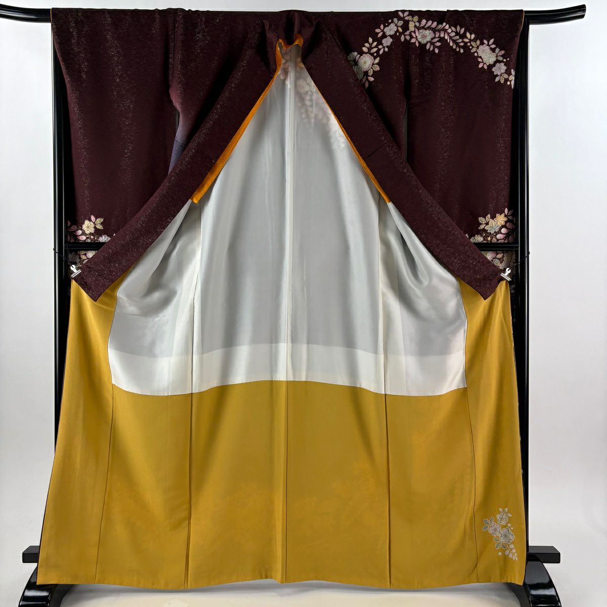 【美品】振袖禮服 身長166cm 袖長67.5cm L 雙層 德永憲峯 落款あり 辻花染 金通し 金銀彩 茶紫 純蠶絲 逸品級