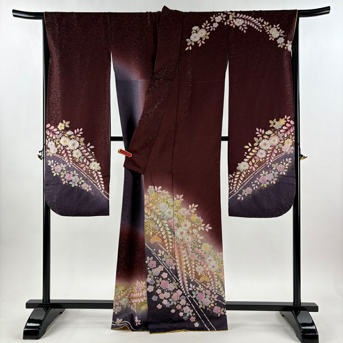 【美品】振袖禮服 身長166cm 袖長67.5cm L 雙層 德永憲峯 落款あり 辻花染 金通し 金銀彩 茶紫 純蠶絲 逸品級