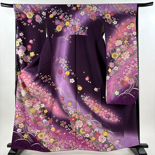 【美品】振袖禮服 身長163cm 袖長67.5cm L 雙層 手鞠 草花紋 金銀彩 金金箔 紫 純蠶絲 逸品級