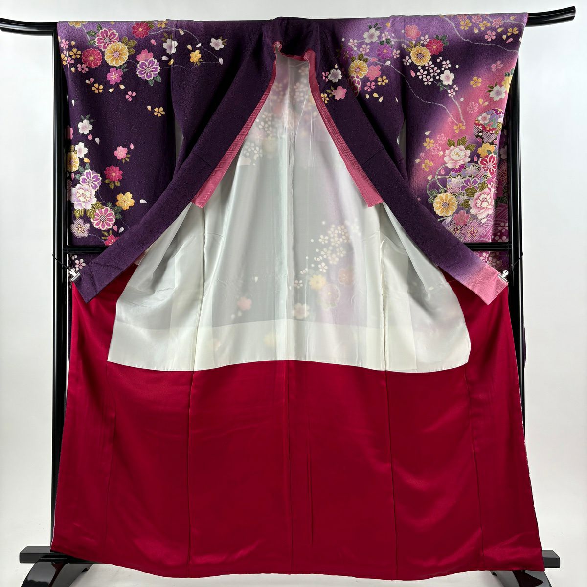 【美品】振袖禮服 身長163cm 袖長67.5cm L 雙層 手鞠 草花紋 金銀彩 金金箔 紫 純蠶絲 逸品級