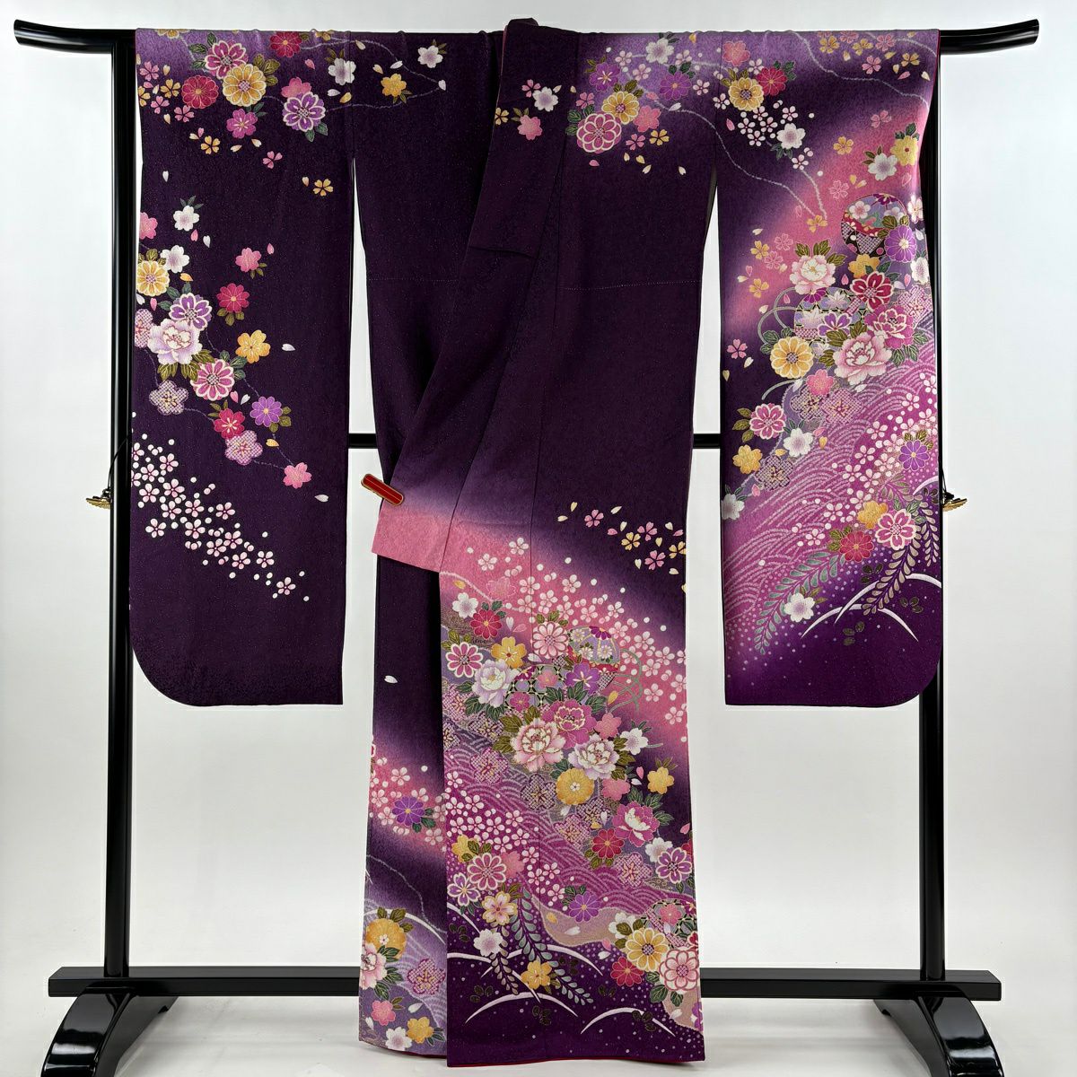 【美品】振袖禮服 身長163cm 袖長67.5cm L 雙層 手鞠 草花紋 金銀彩 金金箔 紫 純蠶絲 逸品級