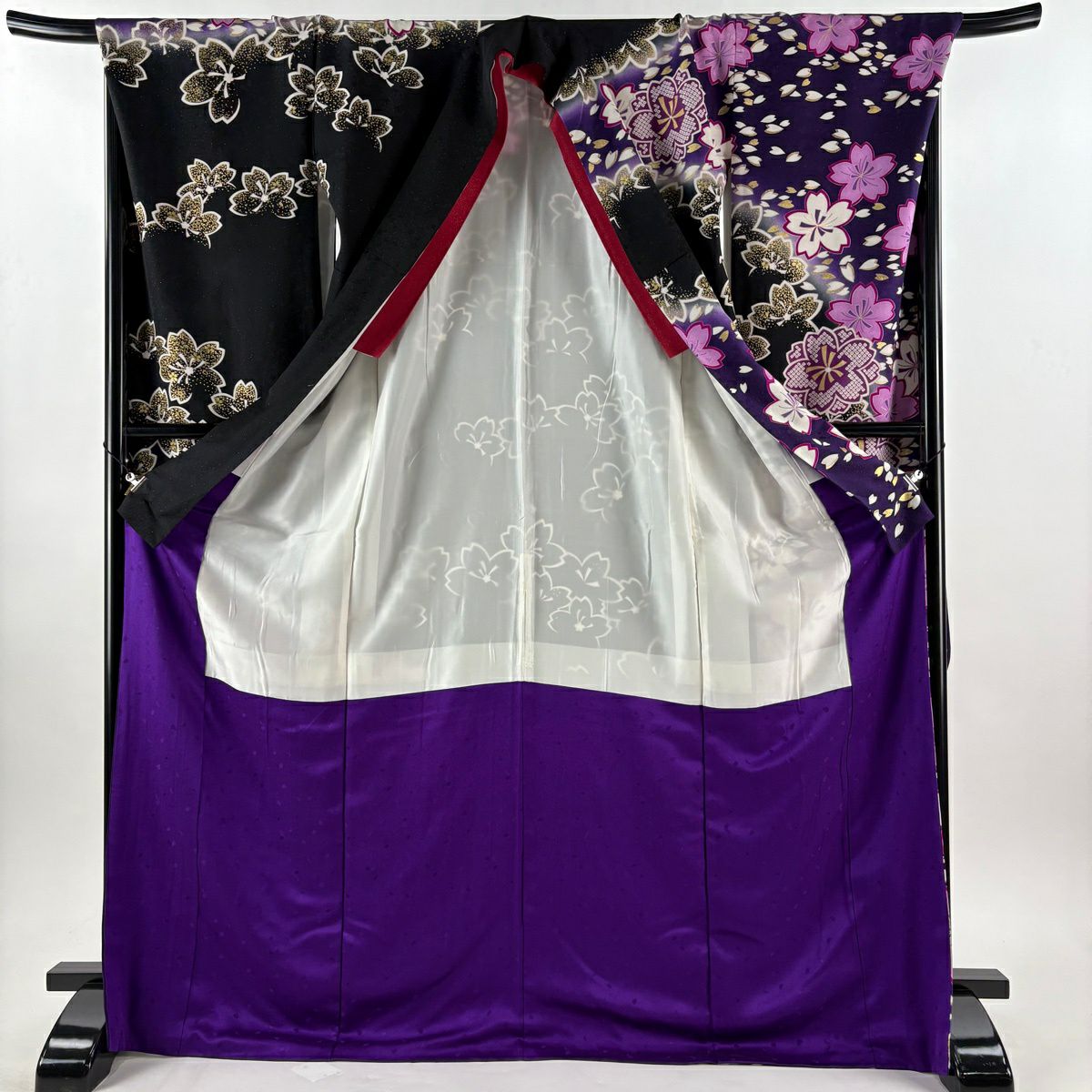 振袖禮服 身長171cm 袖長70cm L 雙層櫻花瓣 銀通 金銀彩 深紫 純蠶絲 逸品級