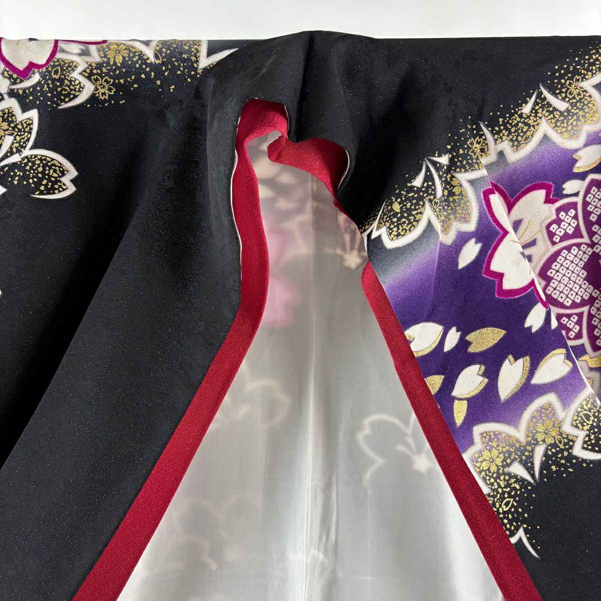 振袖禮服 身長171cm 袖長70cm L 雙層櫻花瓣 銀通 金銀彩 深紫 純蠶絲 逸品級