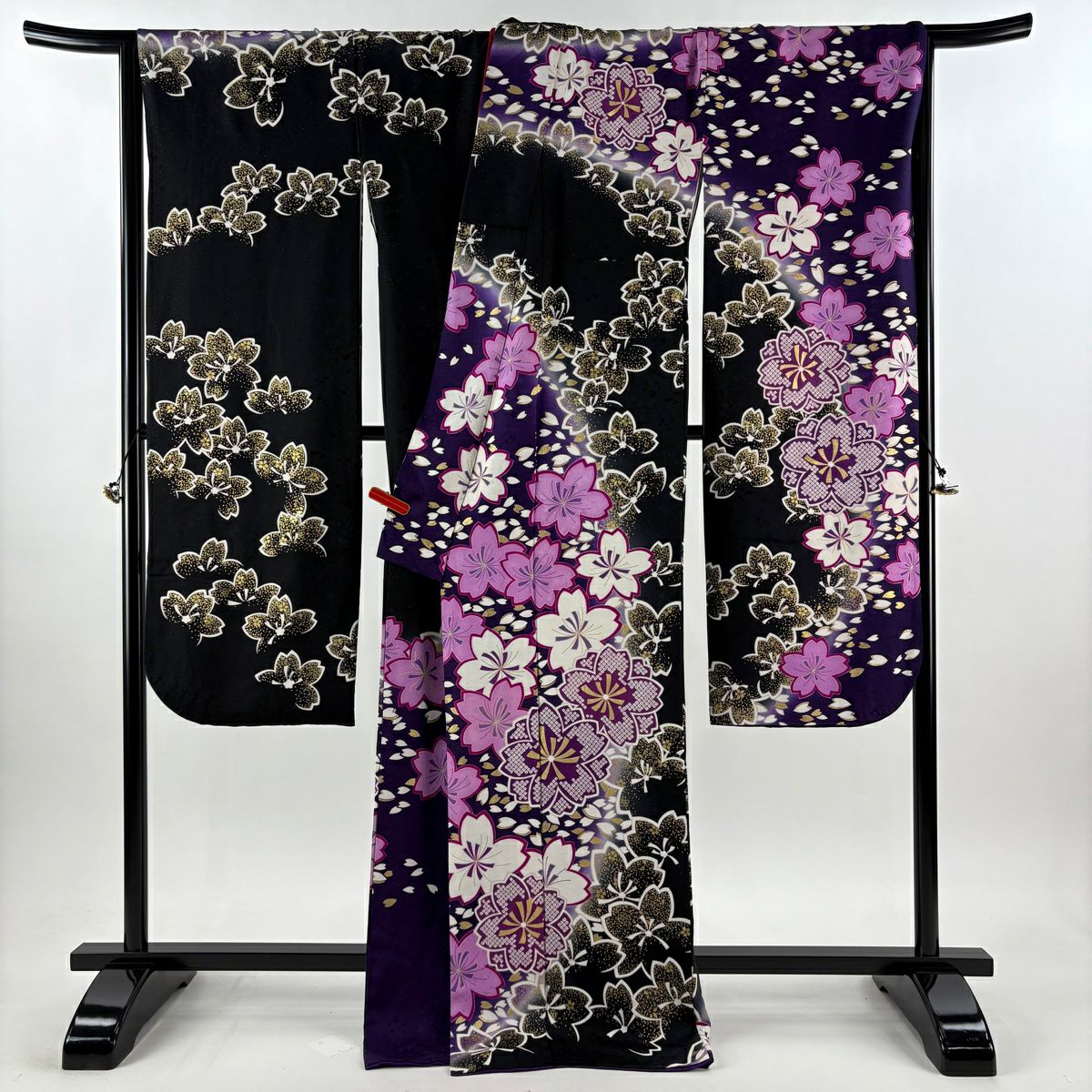 振袖禮服 身長171cm 袖長70cm L 雙層櫻花瓣 銀通 金銀彩 深紫 純蠶絲 逸品級