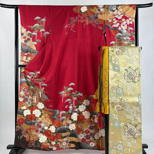 【美品】振袖禮服 身長162.5cm 袖長63cm S 雙層 袋帶全套 御所車 草花紋紋 金彩裝飾 紅 純蠶絲 秀品級