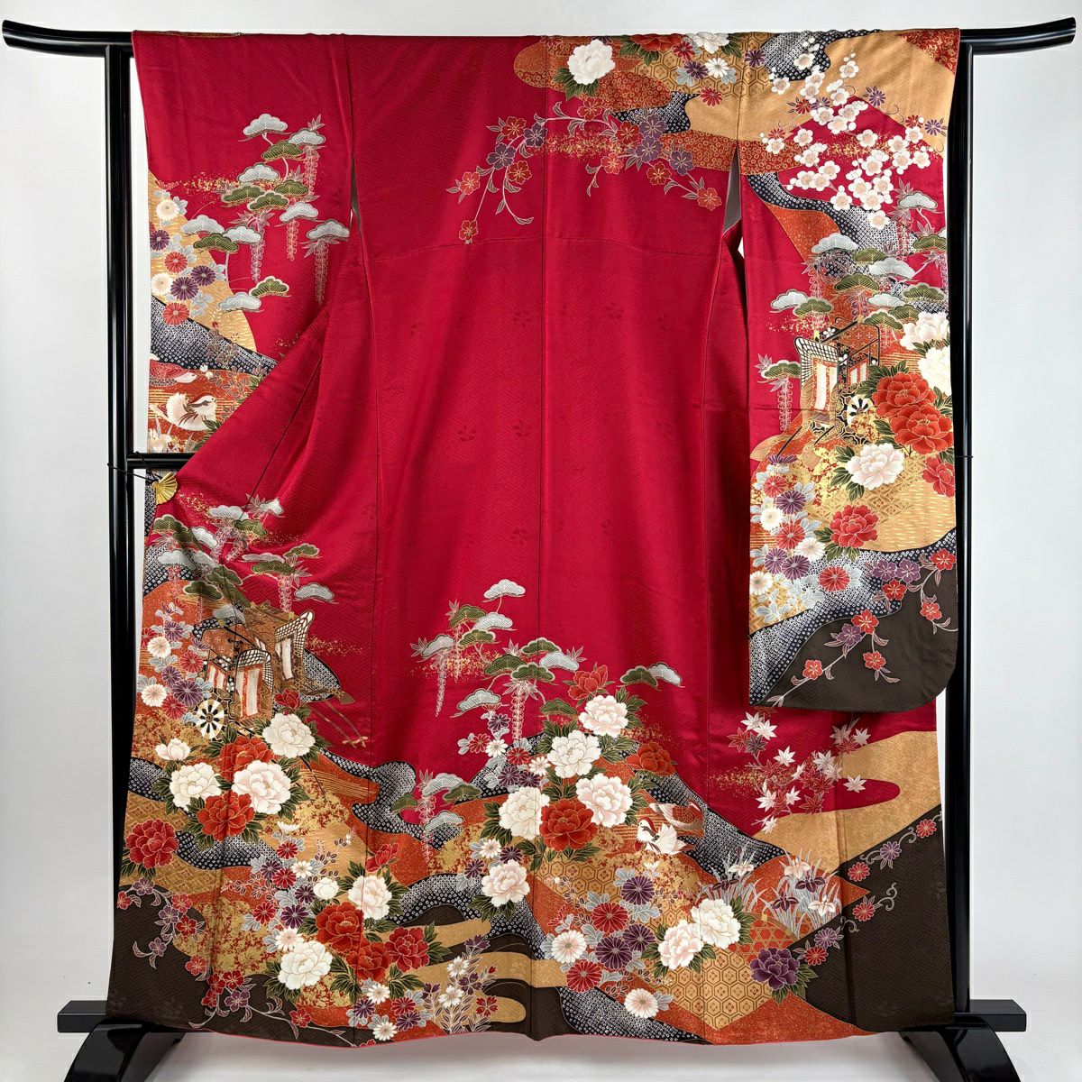 【美品】振袖禮服 身長162.5cm 袖長63cm S 雙層 袋帶全套 御所車 草花紋紋 金彩裝飾 紅 純蠶絲 秀品級