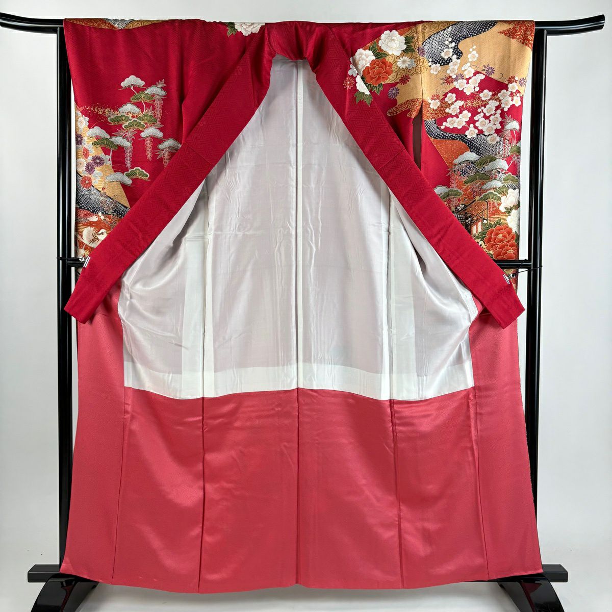 【美品】振袖禮服 身長162.5cm 袖長63cm S 雙層 袋帶全套 御所車 草花紋紋 金彩裝飾 紅 純蠶絲 秀品級
