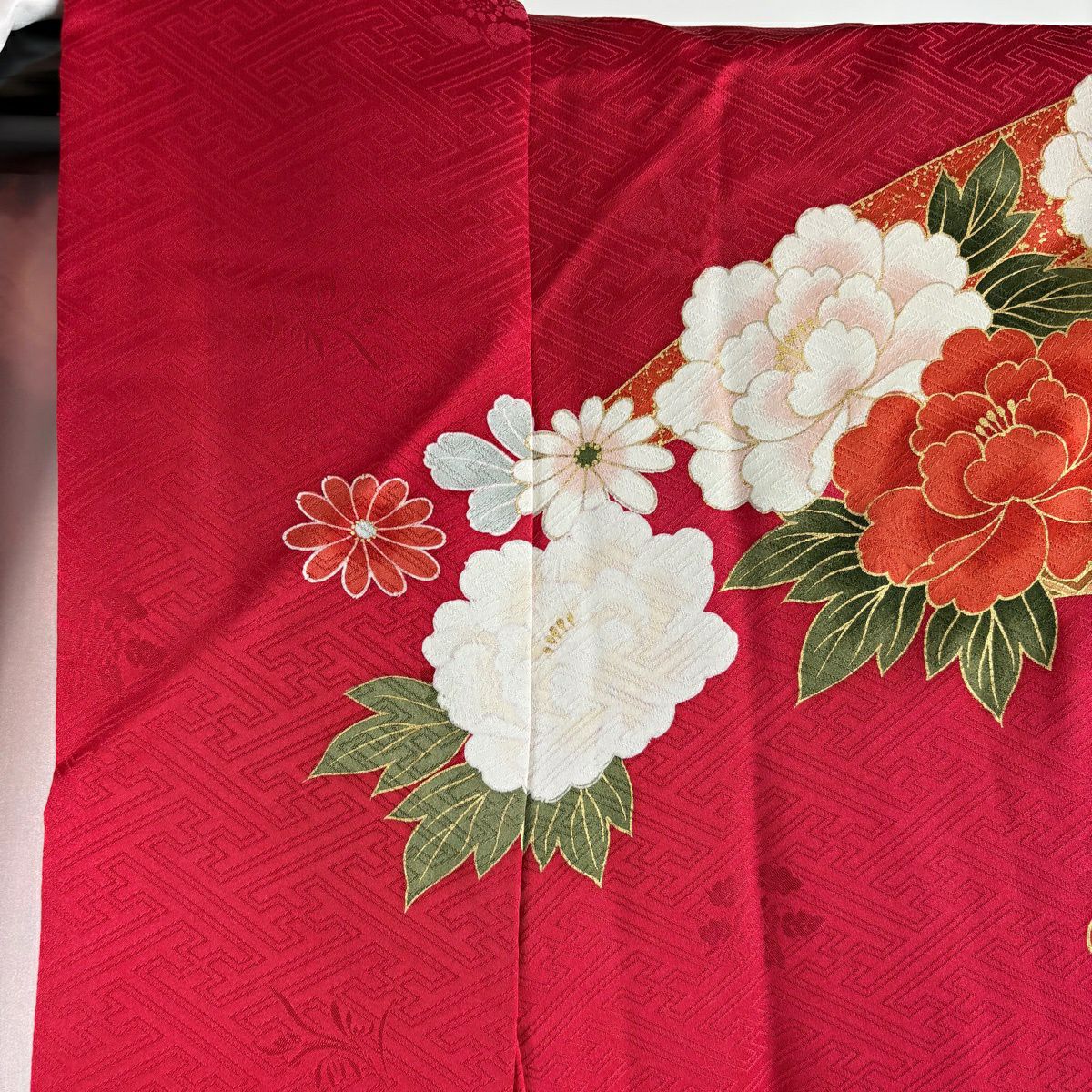 【美品】振袖禮服 身長162.5cm 袖長63cm S 雙層 袋帶全套 御所車 草花紋紋 金彩裝飾 紅 純蠶絲 秀品級