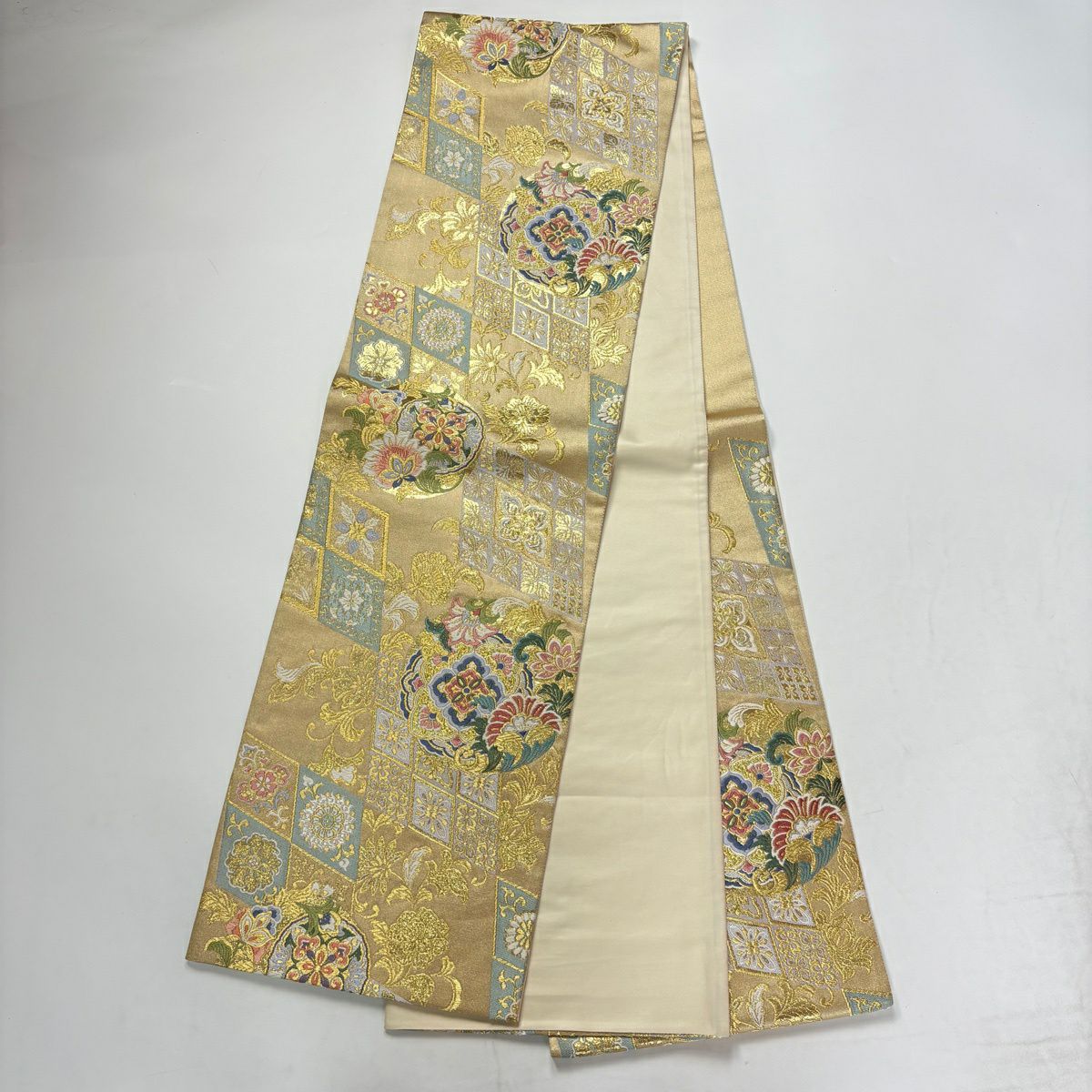 【美品】振袖禮服 身長162.5cm 袖長63cm S 雙層 袋帶全套 御所車 草花紋紋 金彩裝飾 紅 純蠶絲 秀品級