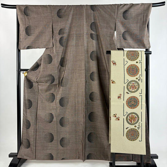 【美品】 紬織 身長165cm 袖長68cm L 雙層 名古屋帶套裝 圓文 條紋 焦茶 純蠶絲 優品級