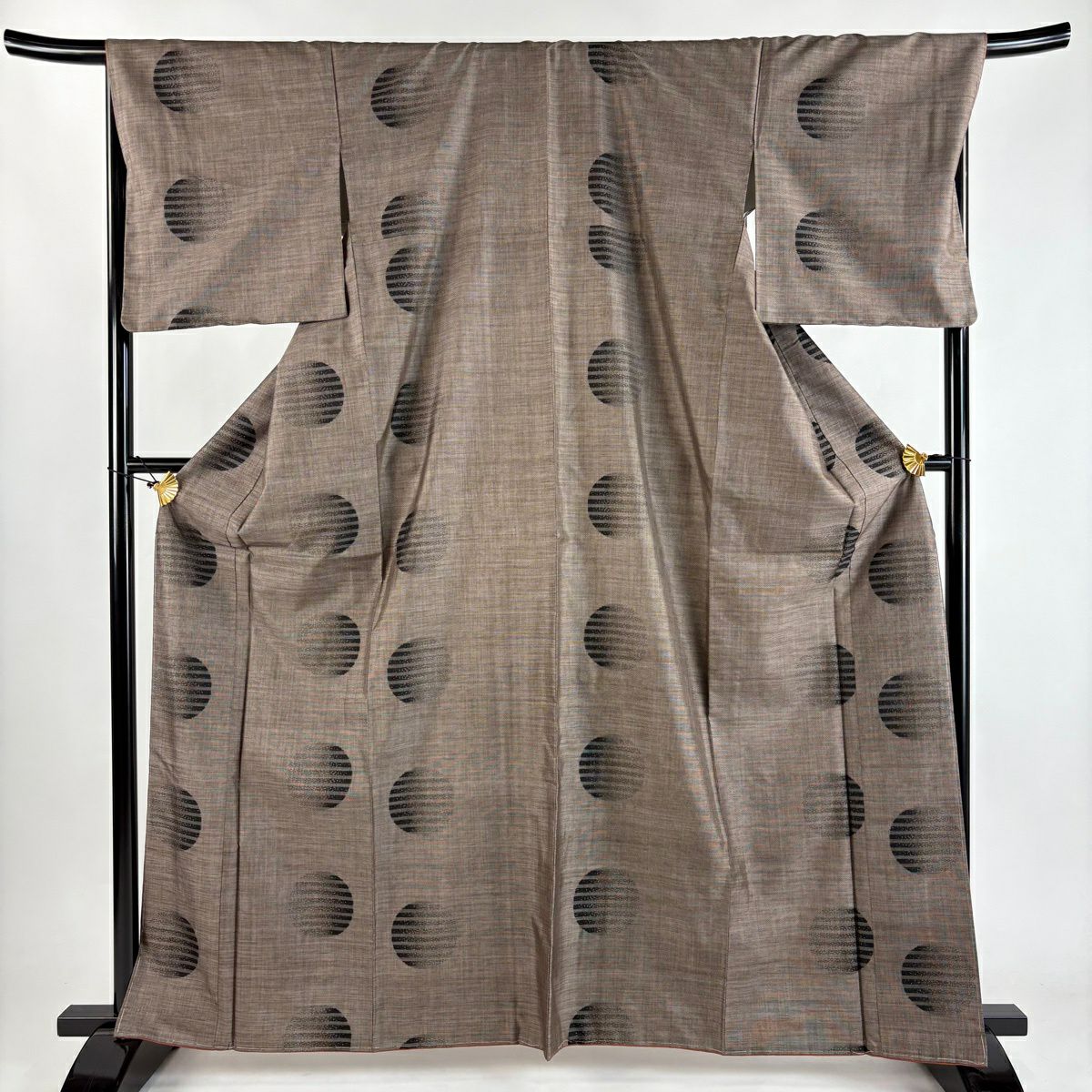 【美品】 紬織 身長165cm 袖長68cm L 雙層 名古屋帶套裝 圓文 條紋 焦茶 純蠶絲 優品級