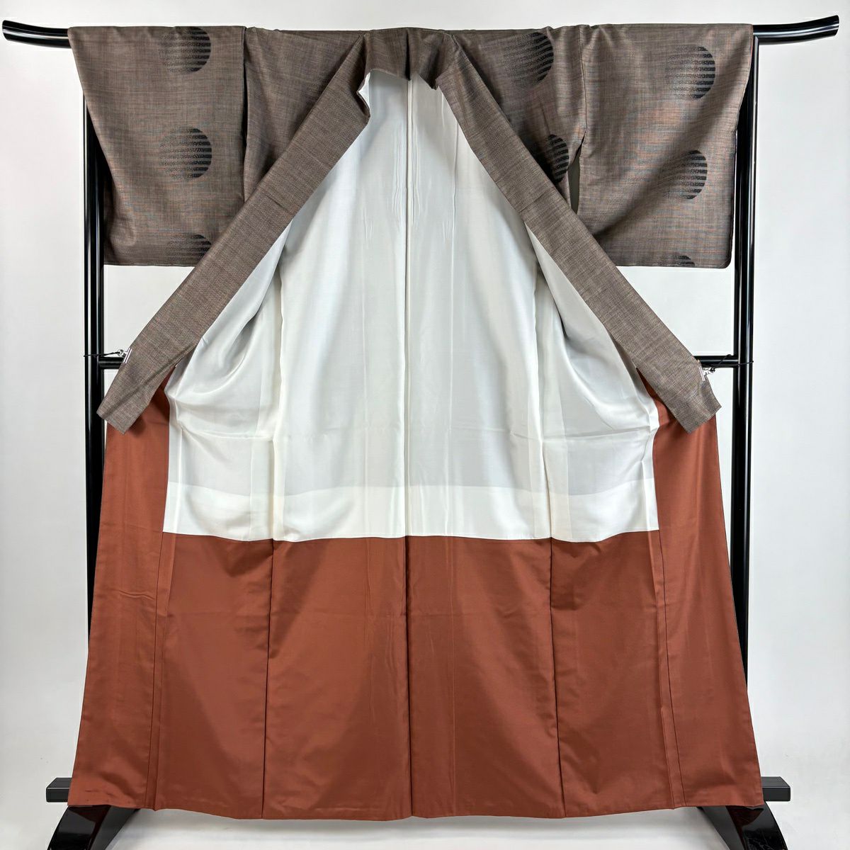 【美品】 紬織 身長165cm 袖長68cm L 雙層 名古屋帶套裝 圓文 條紋 焦茶 純蠶絲 優品級