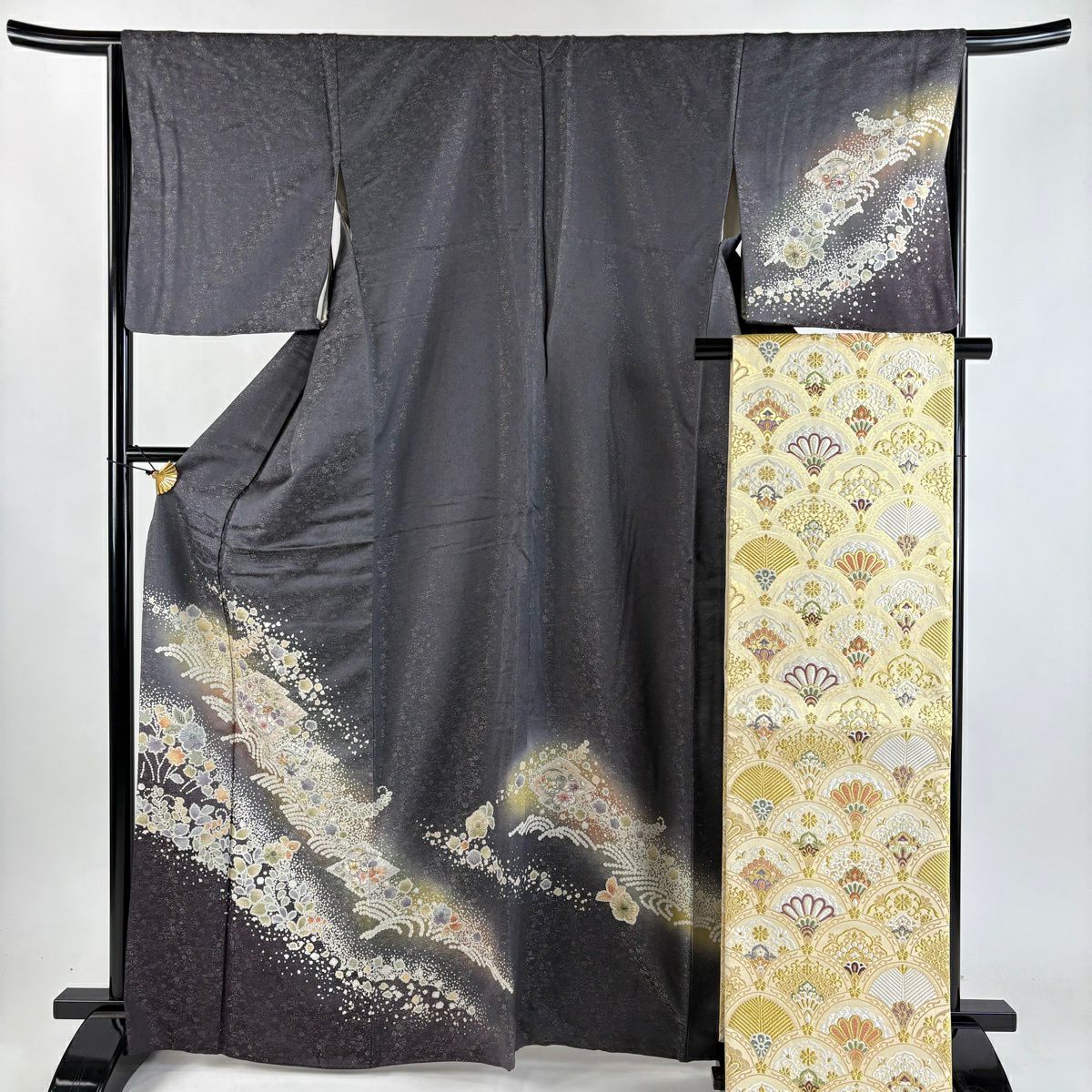 訪問服 身長164cm 袖長65cm M 雙層 袋帶套裝 松樹皮菱 辻花染 金通 金銀彩 黑灰 純蠶絲 名品級