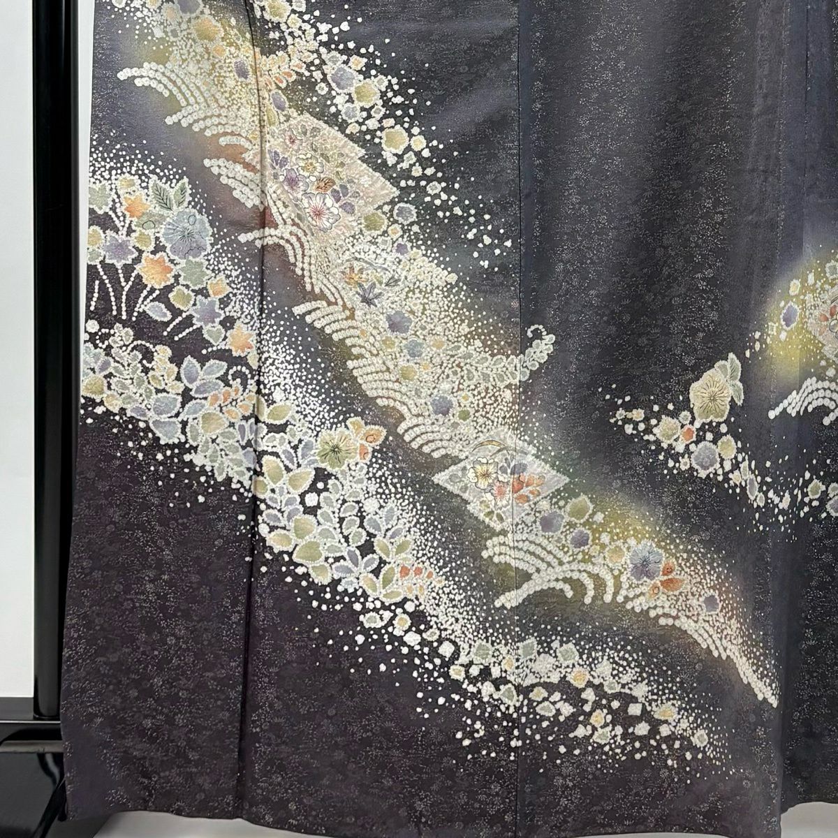 訪問服 身長164cm 袖長65cm M 雙層 袋帶套裝 松樹皮菱 辻花染 金通 金銀彩 黑灰 純蠶絲 名品級