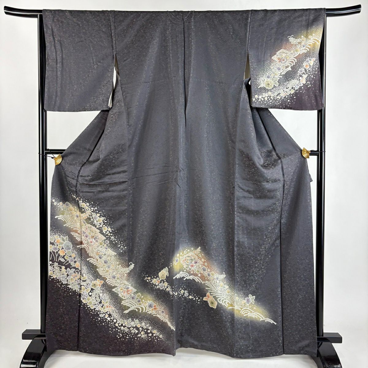 訪問服 身長164cm 袖長65cm M 雙層 袋帶套裝 松樹皮菱 辻花染 金通 金銀彩 黑灰 純蠶絲 名品級