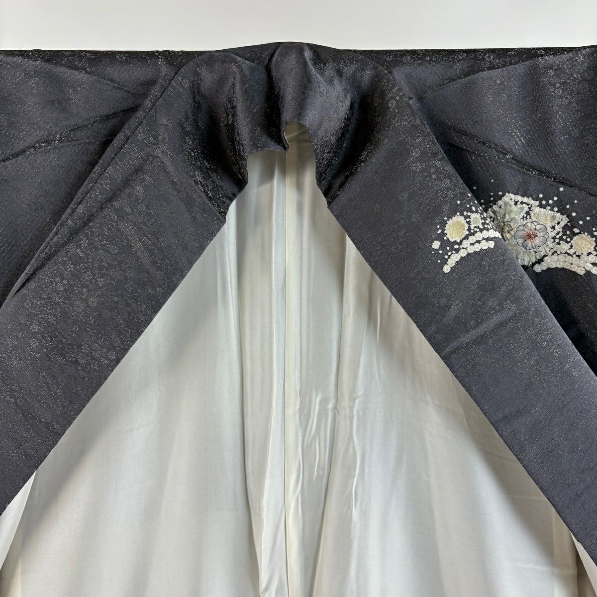 訪問服 身長164cm 袖長65cm M 雙層 袋帶套裝 松樹皮菱 辻花染 金通 金銀彩 黑灰 純蠶絲 名品級