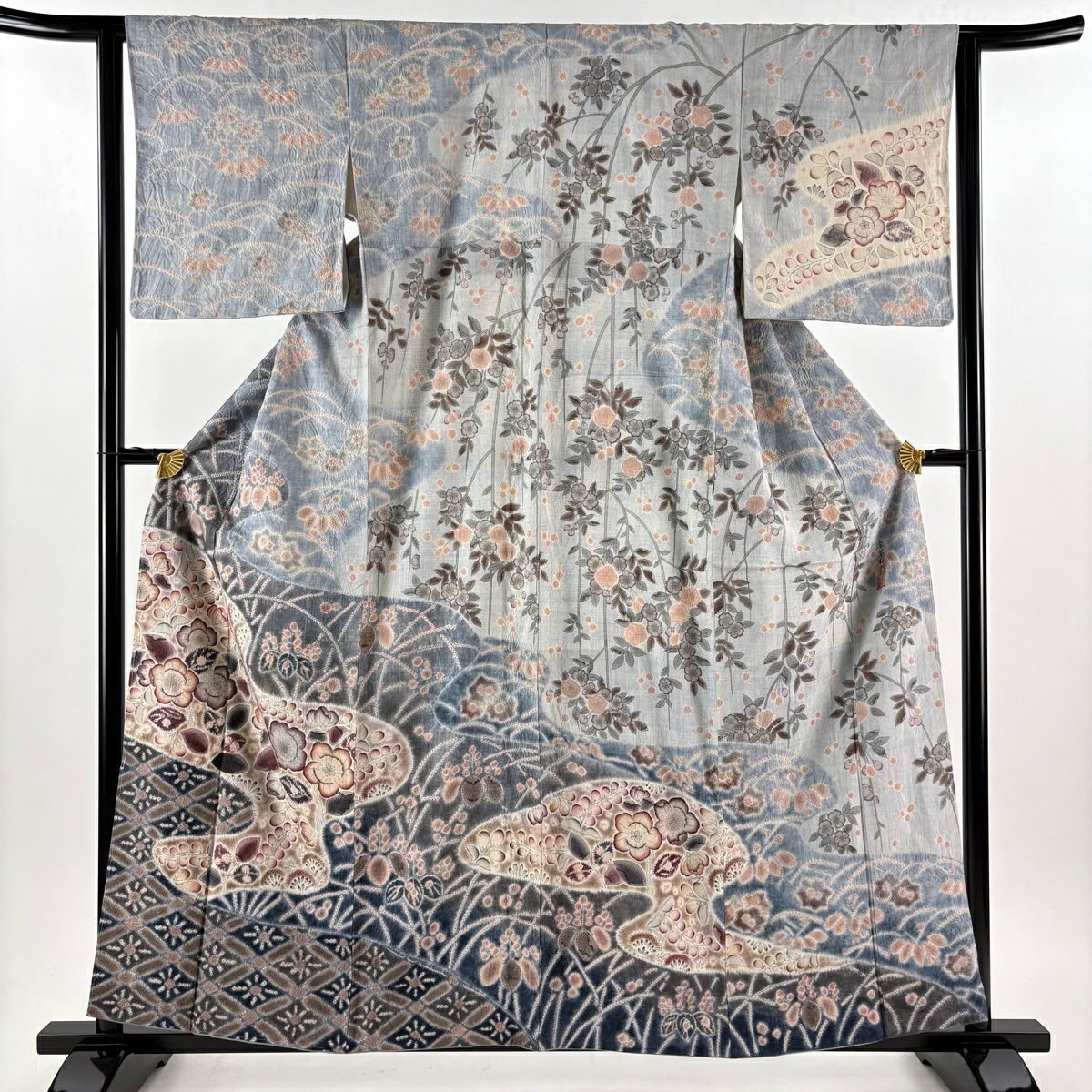 【美品】訪問服 身長160cm 袖長63cm S 雙層 京屋林藏 紬織織 落款あり 辻花染 霞 染分 ぼかし 青灰 純蠶絲 逸品級