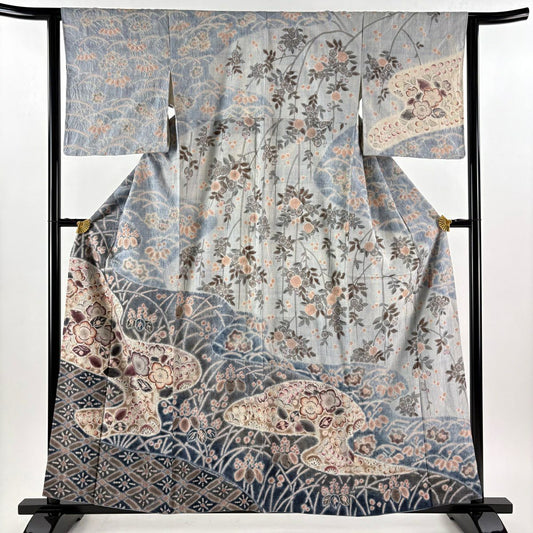 【美品】訪問服 身長160cm 袖長63cm S 雙層 京屋林藏 紬織織 落款あり 辻花染 霞 染分 ぼかし 青灰 純蠶絲 逸品級