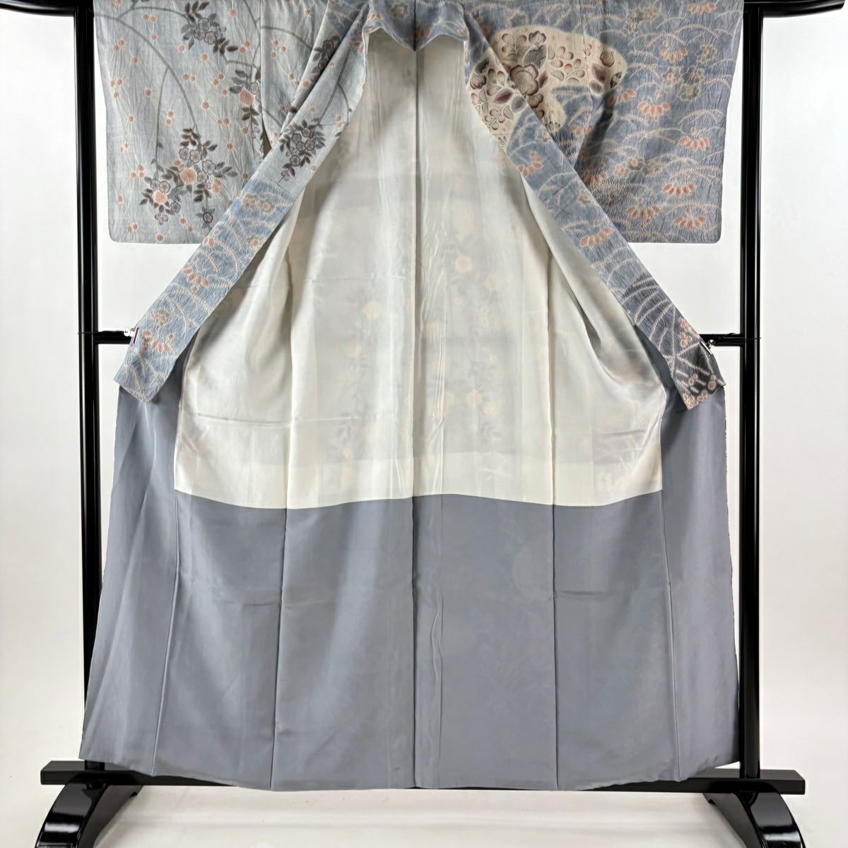 【美品】訪問服 身長160cm 袖長63cm S 雙層 京屋林藏 紬織織 落款あり 辻花染 霞 染分 ぼかし 青灰 純蠶絲 逸品級