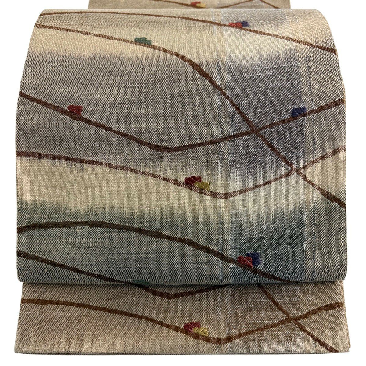 【美品】 袋帶 秀品級 幾何圖案 刺繡 薄茶 六通 純蠶絲
