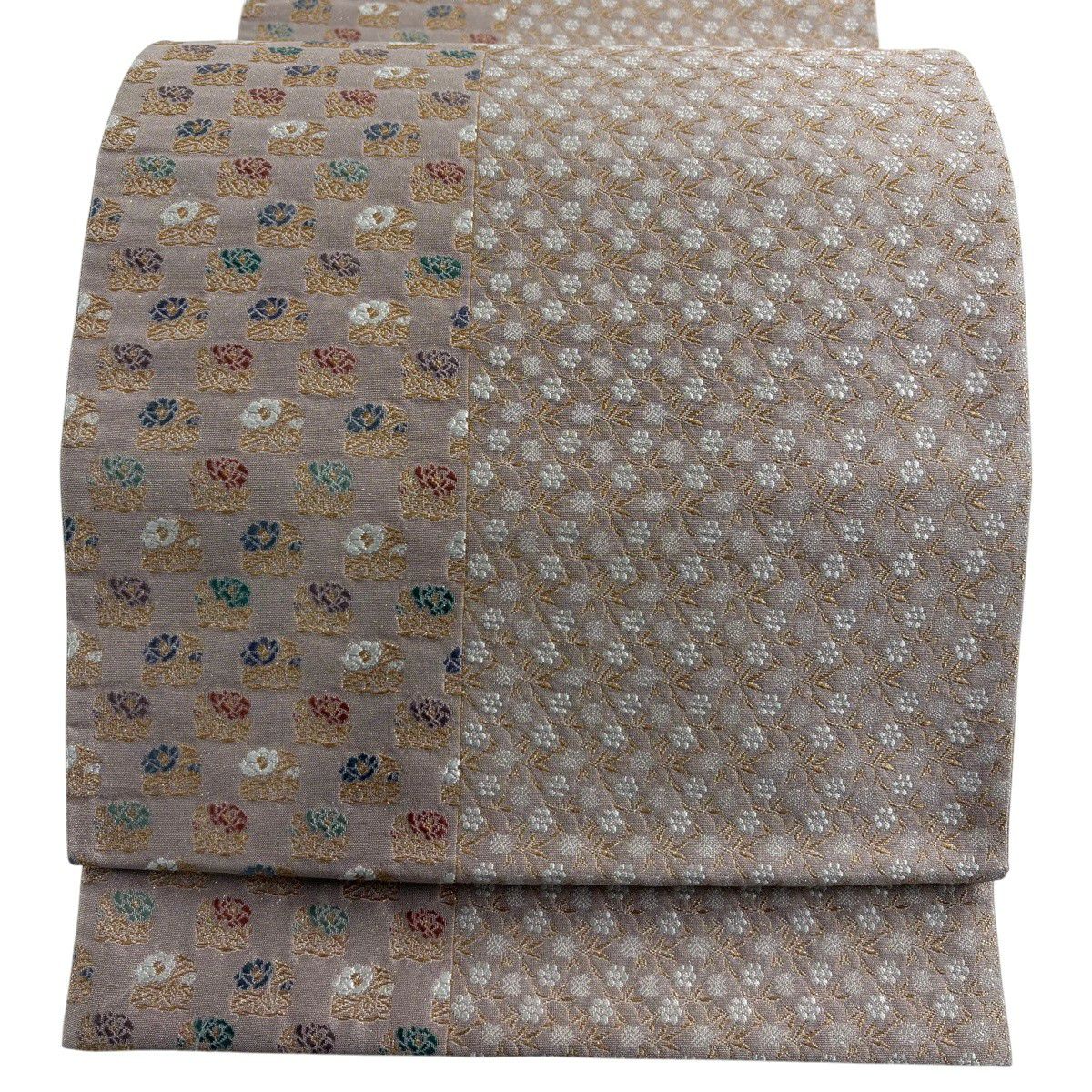 【美品】 袋帶 秀品級 小花 金絲 粉米色 六通 純蠶絲