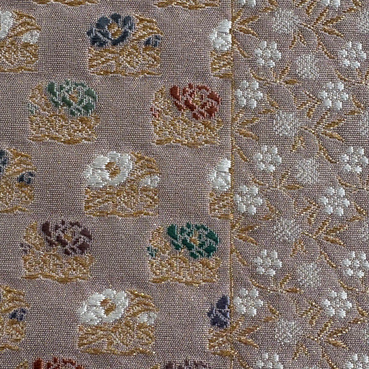 【美品】 袋帶 秀品級 小花 金絲 粉米色 六通 純蠶絲
