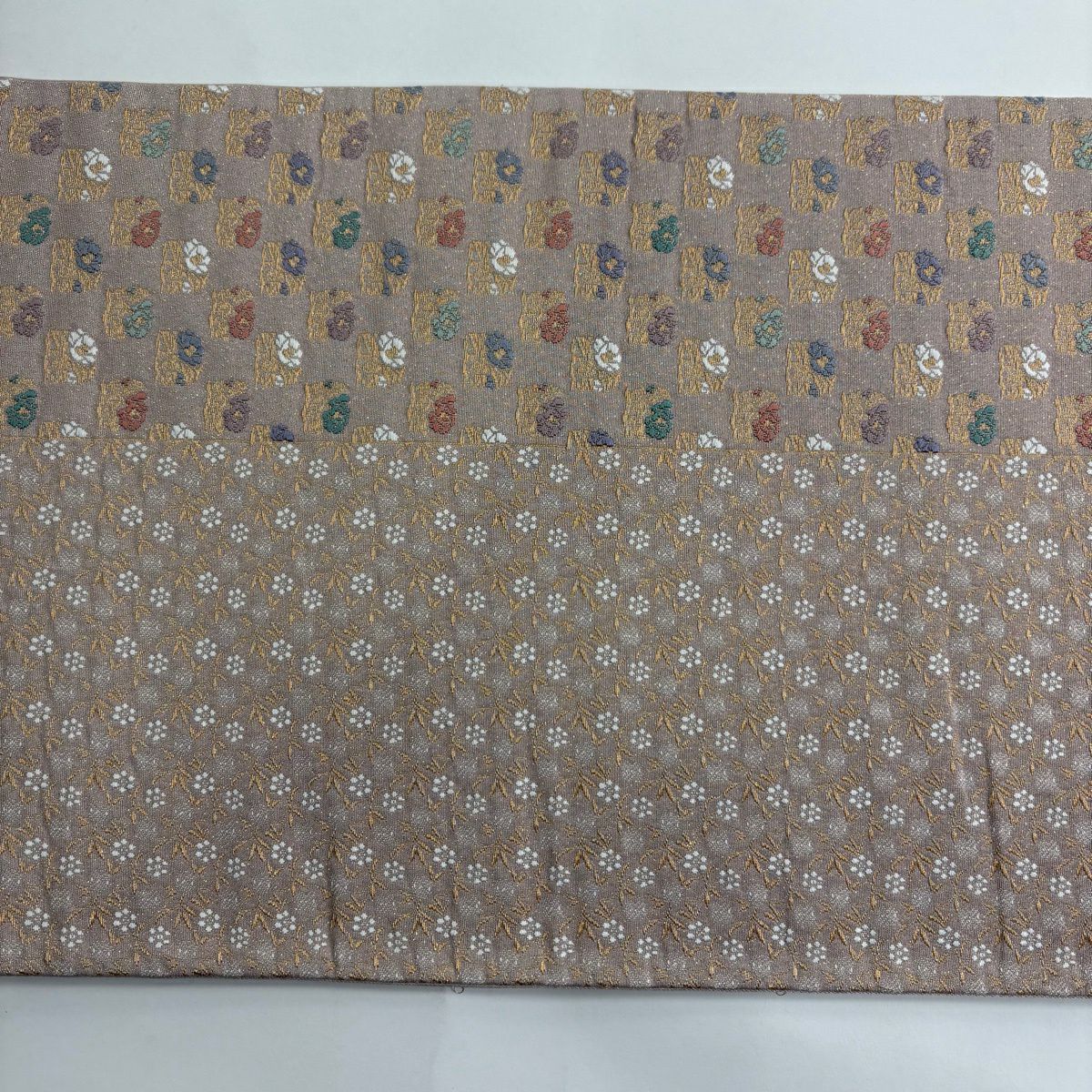 【美品】 袋帶 秀品級 小花 金絲 粉米色 六通 純蠶絲