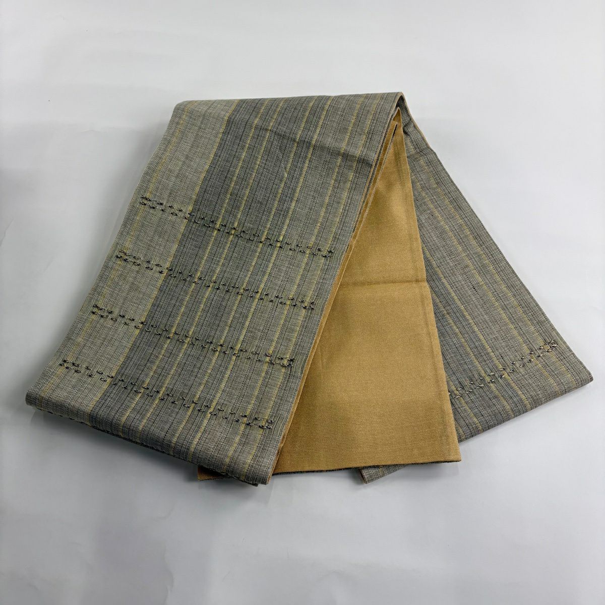 【美品】 袋帶 優品級 條紋 幾何圖案 金絲 灰綠色 大鼓圖案 純蠶絲