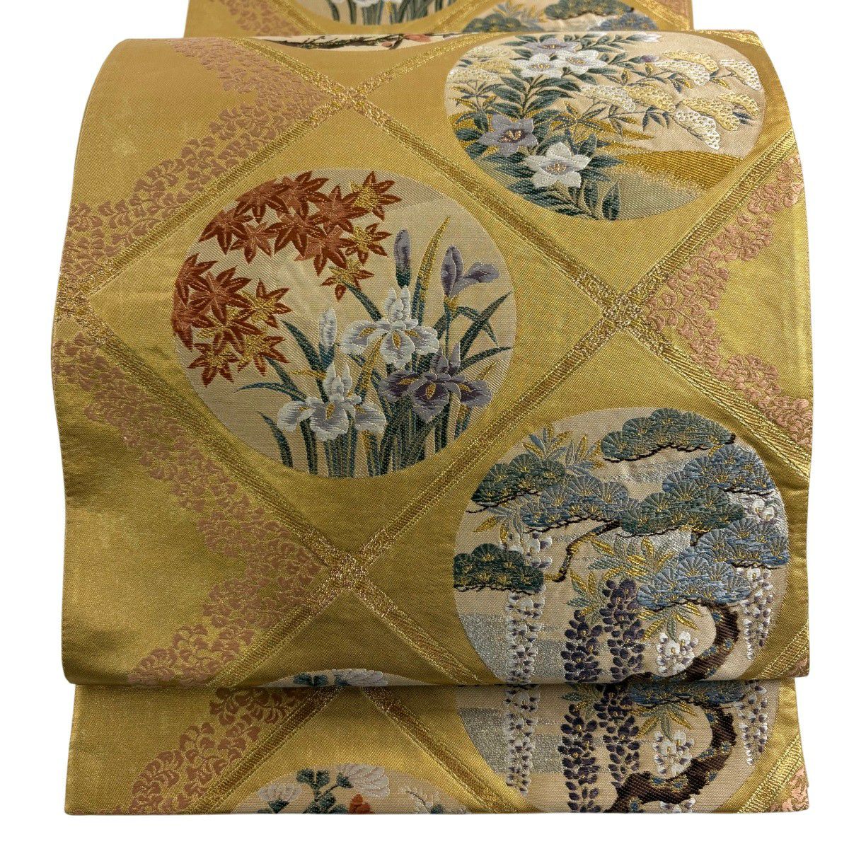 【美品】 袋帶 秀品級 四季草花紋紋 枝梅花 金絲 金金箔 黃土 深色 六通 純蠶絲