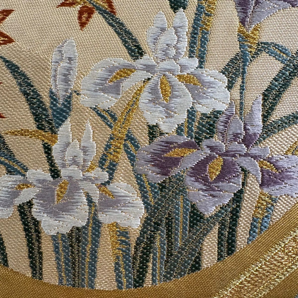 【美品】 袋帶 秀品級 四季草花紋紋 枝梅花 金絲 金金箔 黃土 深色 六通 純蠶絲