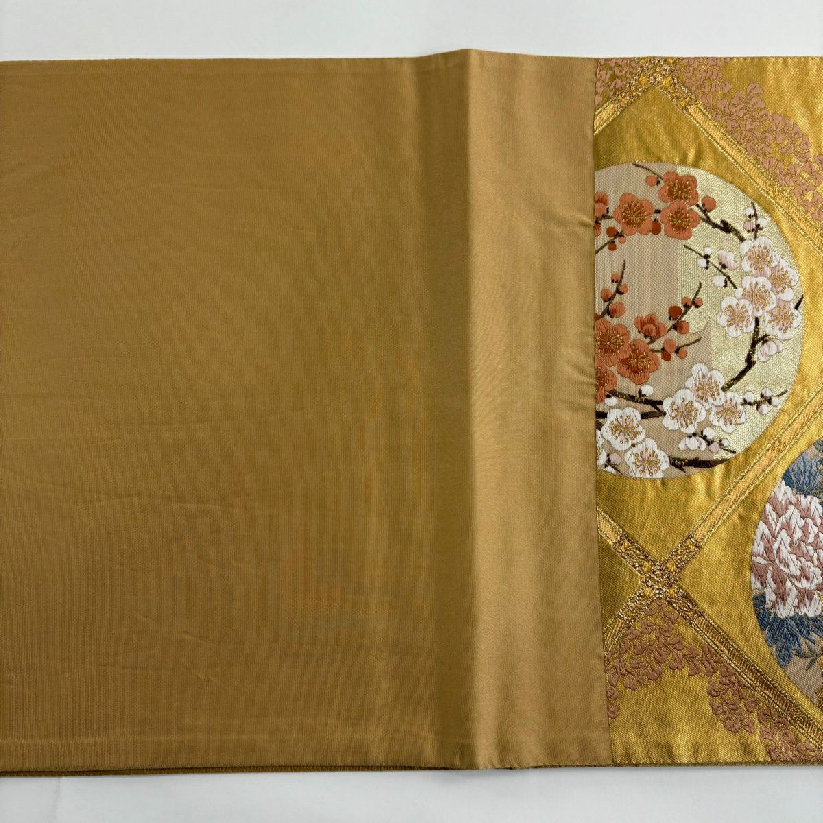 【美品】 袋帶 秀品級 四季草花紋紋 枝梅花 金絲 金金箔 黃土 深色 六通 純蠶絲