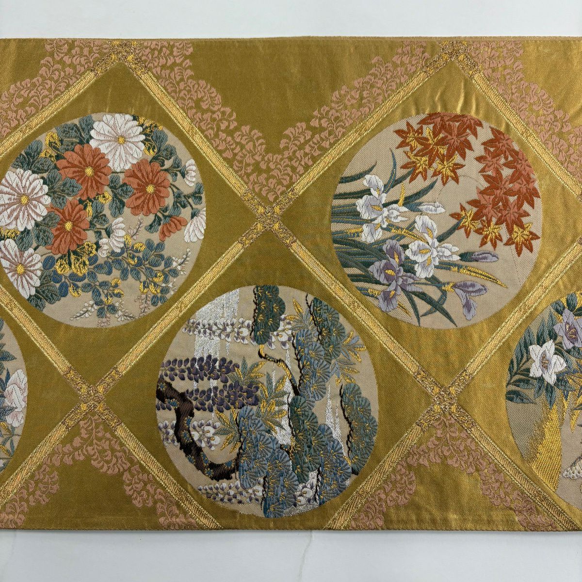 【美品】 袋帶 秀品級 四季草花紋紋 枝梅花 金絲 金金箔 黃土 深色 六通 純蠶絲