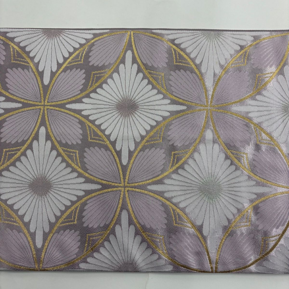 【美品】 袋帶 秀品級 菊花 七寶 金絲 淺紫 六通 純蠶絲