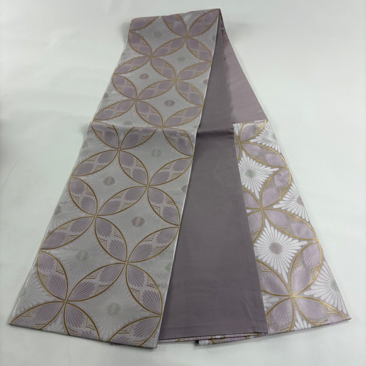 【美品】 袋帶 秀品級 菊花 七寶 金絲 淺紫 六通 純蠶絲