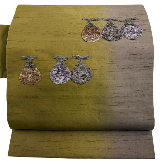 【美品】 名古屋帶 秀品級 紬織織 地 蘆葦 刺繡 茶綠 純蠶絲