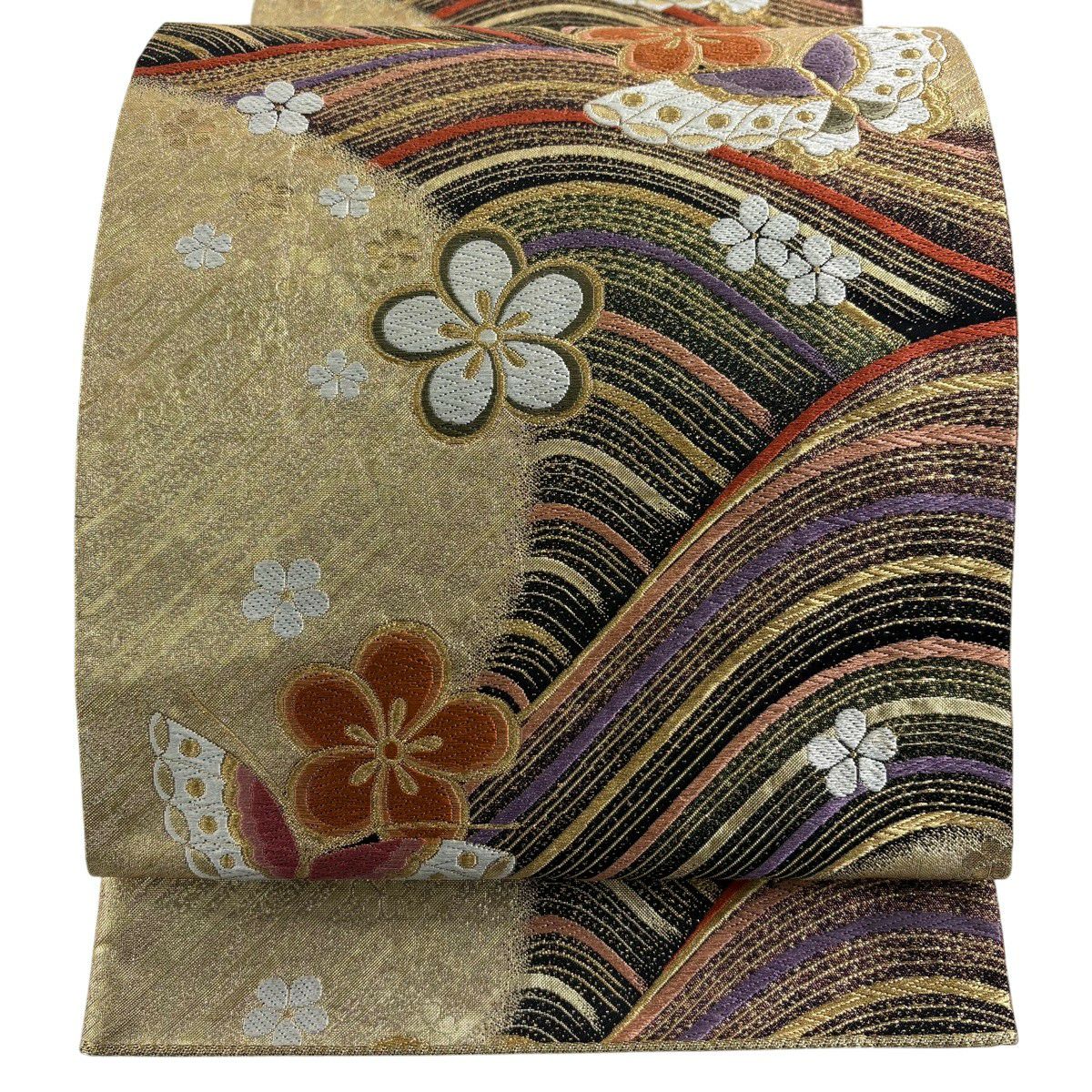 【美品】 袋帶 秀品級 梅花 蝶 金絲 金金箔 金色 六通 純蠶絲