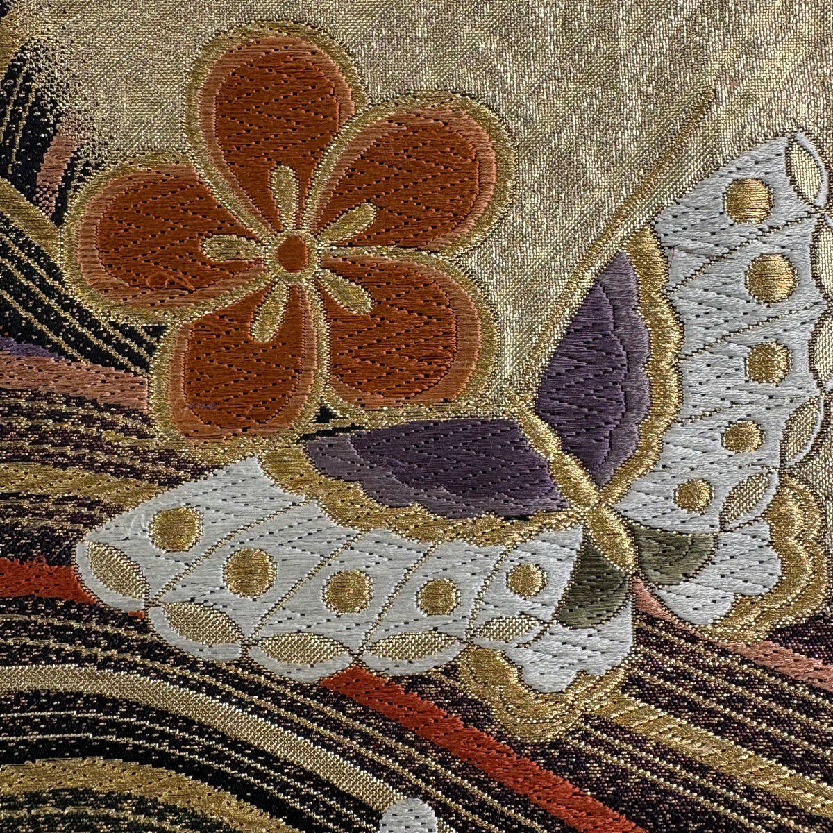 【美品】 袋帶 秀品級 梅花 蝶 金絲 金金箔 金色 六通 純蠶絲
