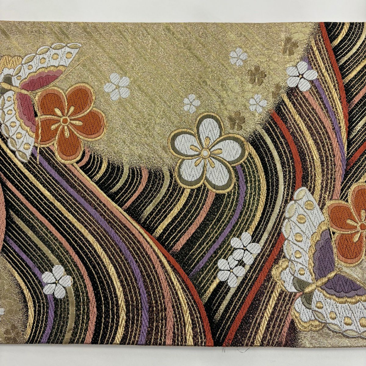 【美品】 袋帶 秀品級 梅花 蝶 金絲 金金箔 金色 六通 純蠶絲