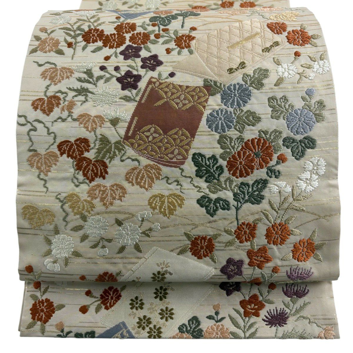 【美品】 袋帶 秀品級 冊子 草花紋紋 唐織 金金箔 米色 六通 純蠶絲