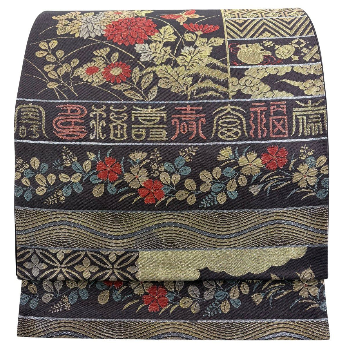 【美品】 袋帶 秀品級 草花紋紋 文字 金絲 金金箔 焦茶 六通 純蠶絲
