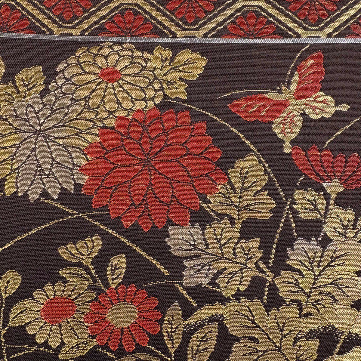 【美品】 袋帶 秀品級 草花紋紋 文字 金絲 金金箔 焦茶 六通 純蠶絲