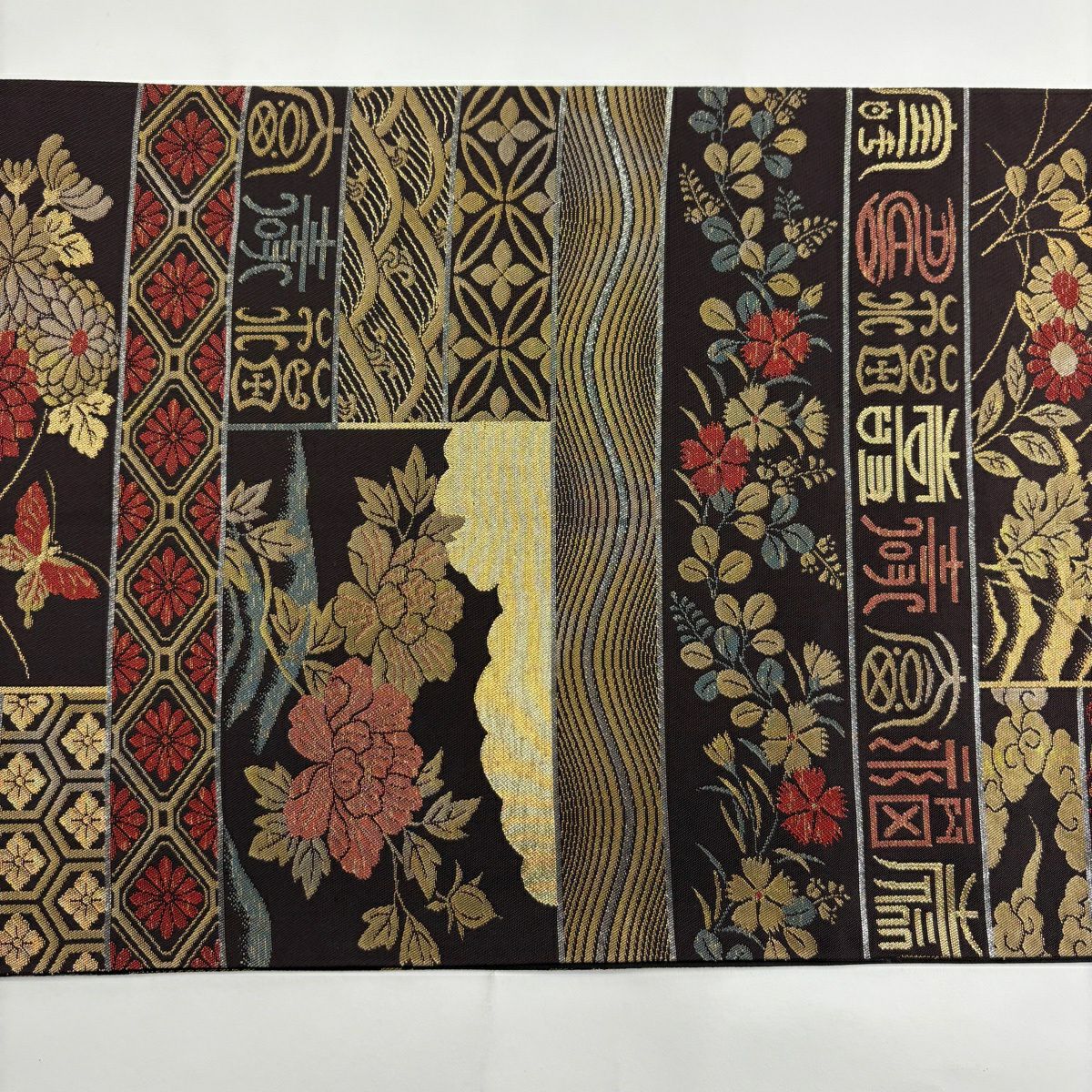 【美品】 袋帶 秀品級 草花紋紋 文字 金絲 金金箔 焦茶 六通 純蠶絲
